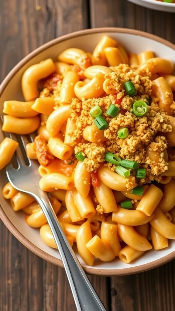 Creamy smoky barbecue mac and cheese topped with breadcrumbs and green onions on a wooden table.